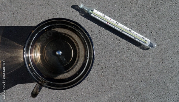 Fototapeta A broken medical mercury thermometer and a drop of mercury in a cup of water.
