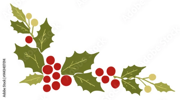 Fototapeta Festive christmas holly leaves and berries border on transparent background, ideal for holiday themed projects and designs