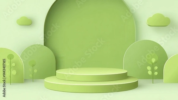 Obraz Green podium showcasing products in a virtual garden setting, complete with stylized trees, clouds, and hills, creates a refreshing and natural backdrop for product presentations