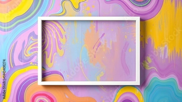Fototapeta Abstract Canvas: A clean white frame provides a stark contrast against a colorful, swirling, and dynamic abstract painting in soft pastel shades, evoking a sense of creativity and imagination.
