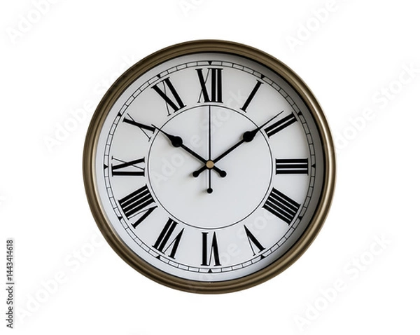 Fototapeta Elegant round wall clock with roman numerals, symbolizing timeless design and precision timekeeping, perfect for home decor and office spaces emphasizing sophistication and functionality