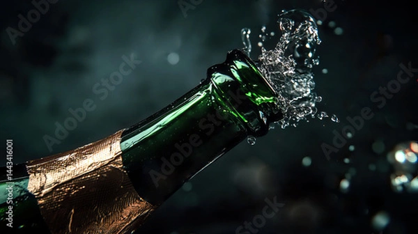 Obraz Green champagne bottle opening with flying cork and splashing liquid, celebration moment captured in dramatic close-up