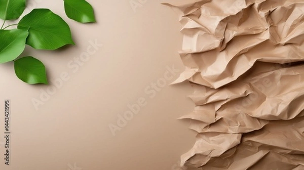 Fototapeta Exploration of beige recycled paperboard texture alongside fresh green leaves in an eco-friendly setting