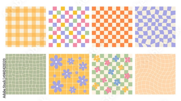 Obraz Retro checkered colorful background set. Collection of isolated 1970s Retro pattern groovy trippy. Flowers and psychedelic abstract background. Seventies Style. Hippie Aesthetic. Vector Illustration
