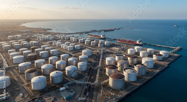 Fototapeta Aerial View of White Oil Tanks in Industrial Area Near Sea Port Terminal at Daylight