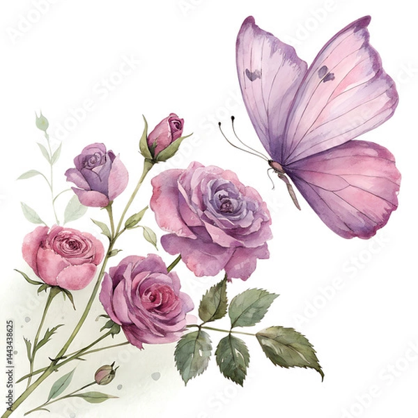 Obraz Watercolor Butterfly roses illustration purple. isolated on transparent background