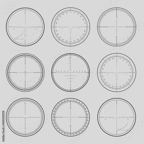 Fototapeta Set of military design elements - crosshair sniper scopes isolated on grey background. Vector illustration.