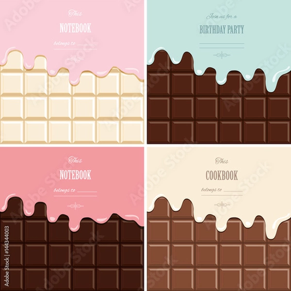 Fototapeta Cream melted on chocolate bar background set. Cute design with sample text.