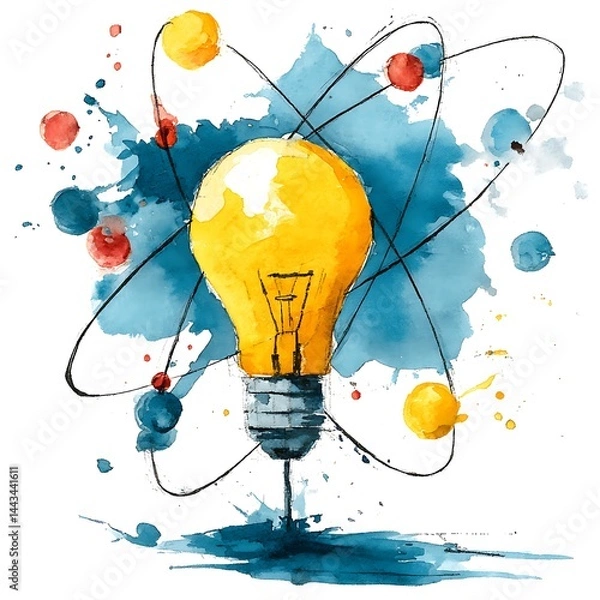 Fototapeta Illuminated bulb within atom model and watercolor splatters, creativity and innovation
