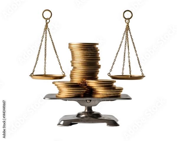 Fototapeta Golden Equilibrium, Coins Balanced on a Scale Symbolizing Financial Stability and Wealth Management in a Precise and Artful Composition