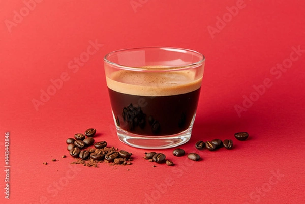 Fototapeta A shot of espresso in a clear glass with coffee beans on a red background studio shot