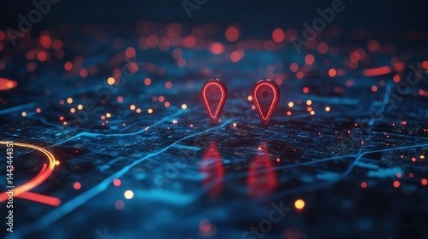 Fototapeta Digital map interface displaying two location pins, representing AI-driven GPS technology and innovative delivery services