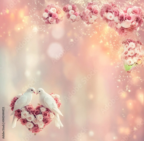 Fototapeta  Wedding card with pink cherry blossom in spring as border background and and pair of doves in heart shape made of fresh colorful roses.