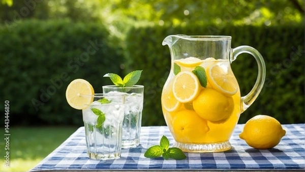 Fototapeta Refreshing homemade lemonade with lemons and mint served outdoors on a blue checkered tablecloth ready to be enjoyed on a sunny day.