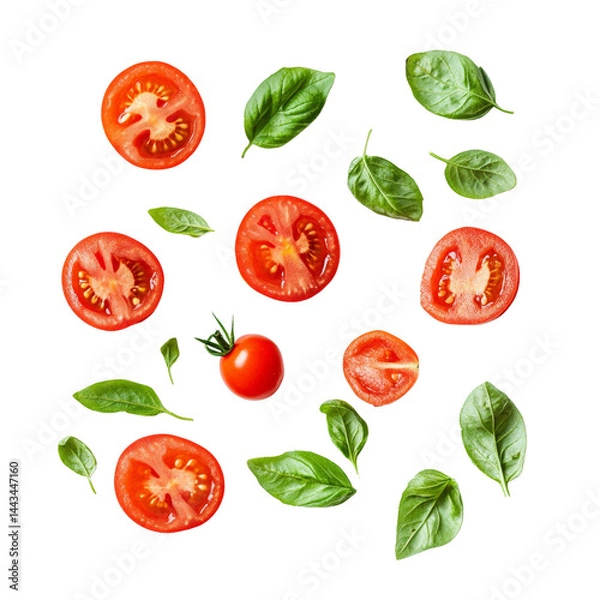 Fototapeta Vibrant arrangement of halved tomatoes and fresh basil leaves on a clean surface