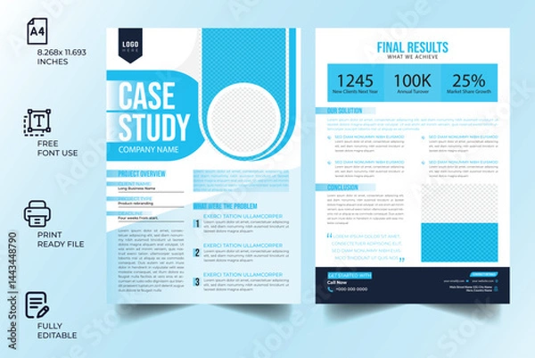 Obraz Case study flyer template for corporate business project with company logo and icon. Professional annual report with creative modern background. Marketing poster, brochure or research paper.