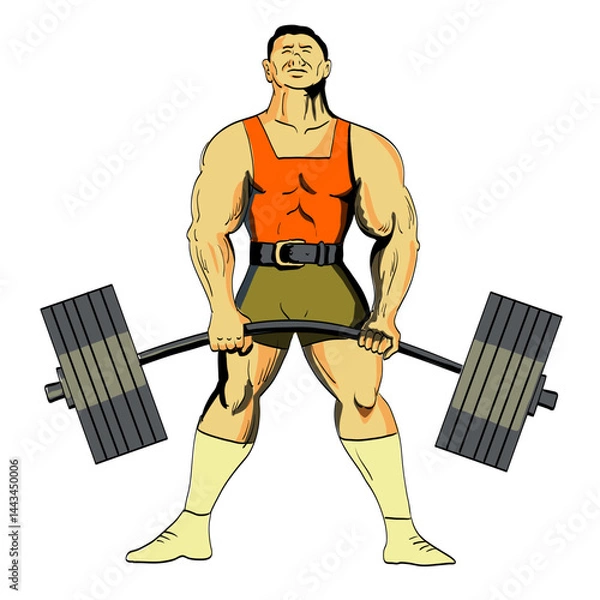 Obraz Retro style illustration of a powerlifter performing deadlift with barbell viewed from front on isolated background done in tattoo style.