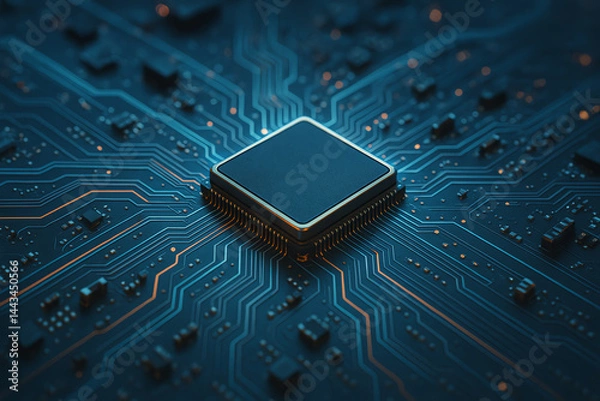 Fototapeta A close-up view of a computer microprocessor on a circuit board. The intricate pathways and glowing details highlight the beauty of modern technology and electronic components.
