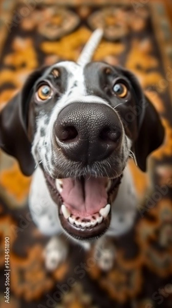 Obraz Happy German shorthaired pointer. The dog's mouth is open and its tongue is hanging out