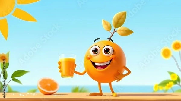 Fototapeta Smiling Orange Cartoon:  A cheerful orange cartoon character with a big smile,  holds a glass of orange juice and enjoys a sunny day.  It's a cute and fun illustration perfect for representing fresh.
