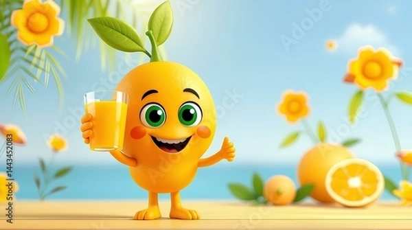 Fototapeta Cheerful Citrus Creation: A vibrant, smiling citrus fruit character holds a refreshing glass of juice, giving a thumbs-up gesture of approval, embodying zest for life and a playful attitude.