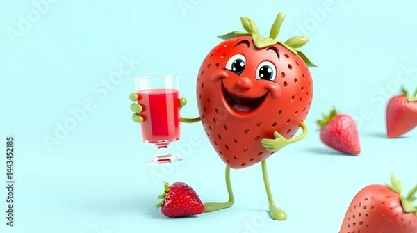Fototapeta Smiling Strawberry and Drink: A cheerful strawberry character is shown smiling and holding a glass of vibrant juice, set against a backdrop that evokes a feeling of fresh and delightful.