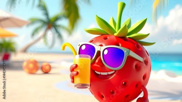 Fototapeta Strawberry Summer Fun: A cheerful cartoon strawberry in sunglasses enjoys a refreshing orange juice on a sunny beach, surrounded by palm trees and the ocean.
