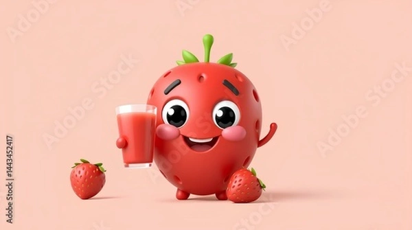 Fototapeta Strawberry Delight: A cheerful strawberry character, with a warm smile, is holding a glass of strawberry juice, accompanied by fresh strawberries, against a soft, inviting background