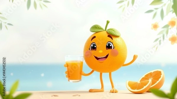 Fototapeta Sunny Citrus Celebration: A vibrant illustration of an anthropomorphic orange character stands proudly, holding a refreshing glass of juice.