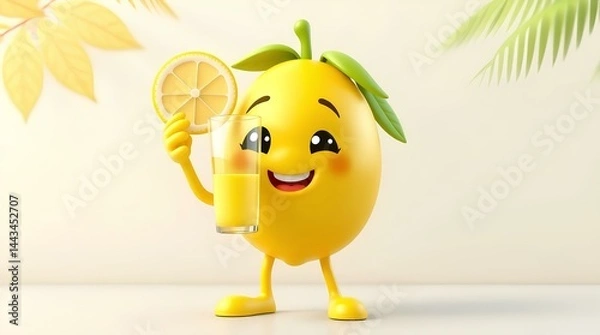 Fototapeta Happy Lemon Character: A cheerful lemon character holds a glass of fresh lemon juice, radiating positivity and refreshment. The scene is bright and lively, perfect for representing summer, health.