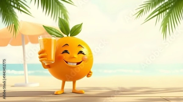 Fototapeta Tropical Orange Juice Bliss: A cheerful orange character beams with delight, holding a refreshing glass of juice, as it enjoys a perfect day at a tropical beach.