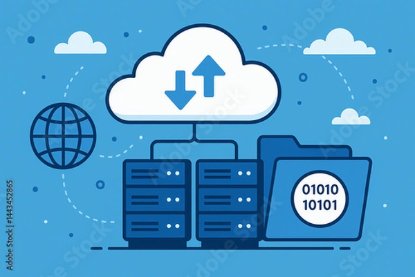 Fototapeta An infographic showing cloud computing concepts with data uploads and downloads
