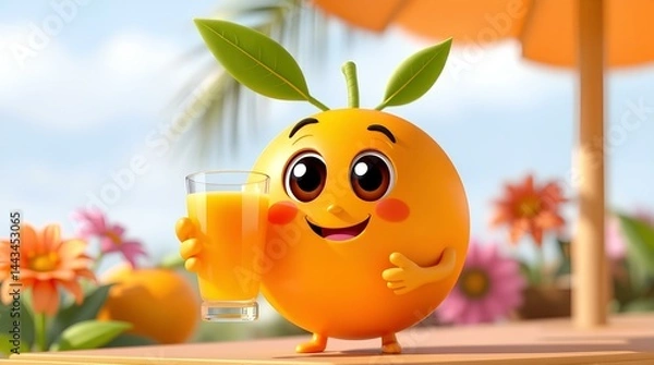 Fototapeta Orange Juice Friend: Charming cartoon character, a cheerful orange, holds a refreshing glass of juice, radiating joy in this whimsical summer scene.