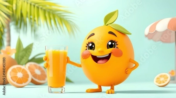 Fototapeta Orange Juice Fun: A vibrant, animated orange character holds a glass of fresh orange juice, exuding joy and inviting viewers to a world of refreshment.