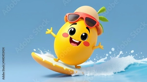 Fototapeta Pineapple on Board: An adorable pineapple character rides a surfboard, exuding joy, ready for an exciting wave with a carefree vacation concept. 