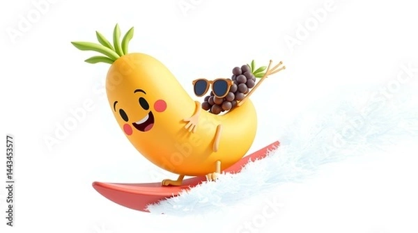 Fototapeta Sunny Surf Adventure: An animated, cheerful fruit embarks on a playful surfing escapade, embodying the essence of summer fun, riding waves with carefree abandon.