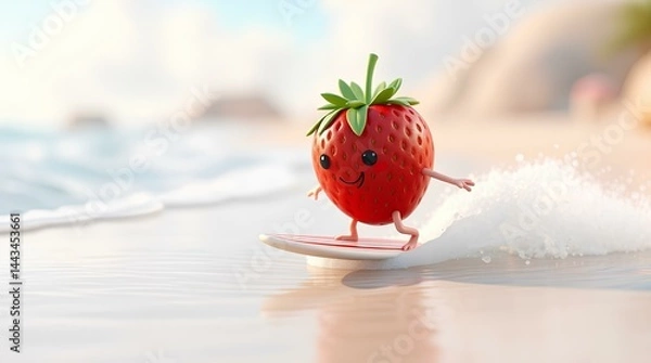 Fototapeta Strawberry Surfer Dude: A cute cartoon strawberry character with arms and legs surfs on a small surfboard on a beach, creating a fun summer vibe.
