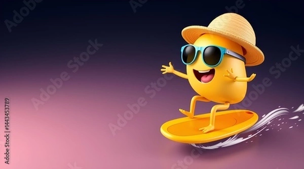 Fototapeta Joyful Spud on Waves: Animated spud embraces summer fun, sporting shades and a straw hat while surfing on a vibrant wave, exuding the essence of joy and leisure.