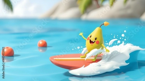 Fototapeta Fun-Loving Pear Surfs the Waves: Animated pear character enjoys surfing on a sunny beach, surrounded by playful red balls and the sparkling blue ocean