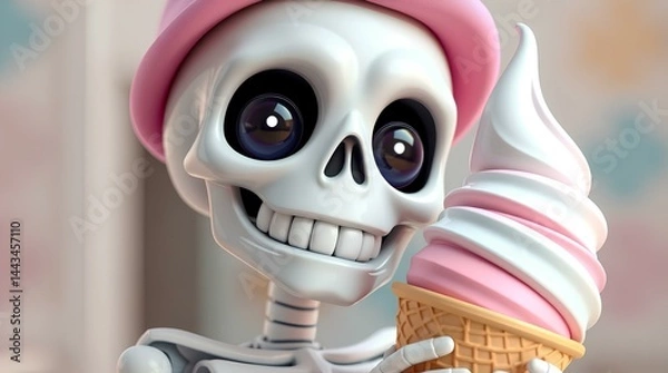 Fototapeta closeup of a cute cartoon skeleton with big eyes wearing a pink summer hat and smiling brightly