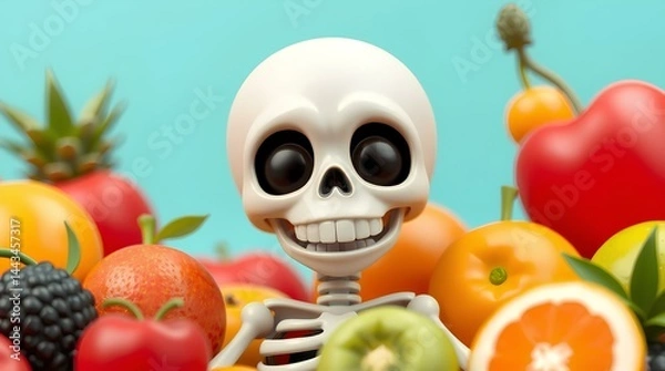Fototapeta cheerful cartoon skeleton character with big eyes surrounded by fresh tropical fruits in summer