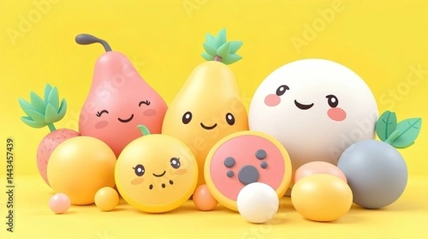 Fototapeta group of cute and colorful cartoon fruit characters with happy expressions in a fun summer setting