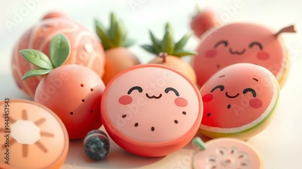 Fototapeta group of cute pink fruit characters with smiling faces in kawaii style