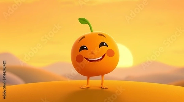 Fototapeta bright and cheerful orange fruit character standing on the beach