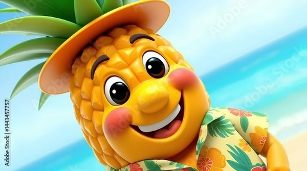 Fototapeta happy pineapple fruit character wearing tropical hat in summer beach