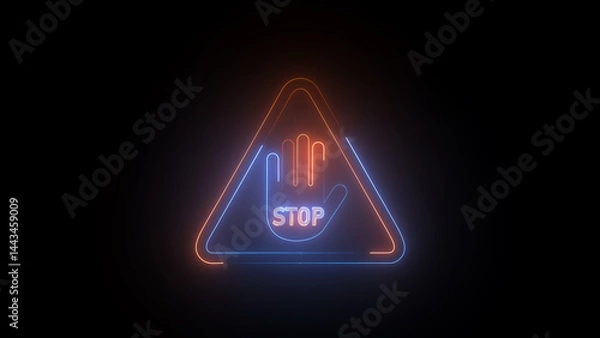 Obraz Glowing Hand Icon on Black Background. Neon stop sign showing an open hand in a triangle shape on a black background. Neon glowing stop hand sign.