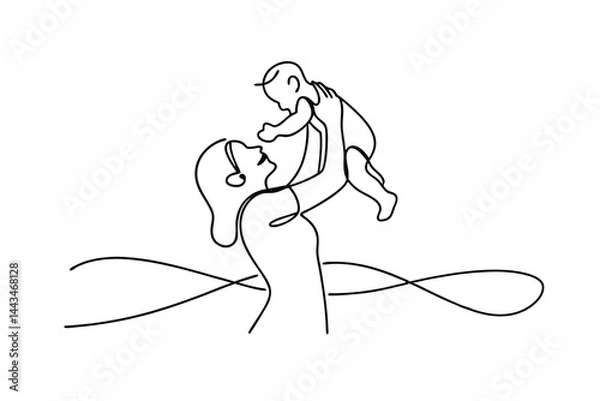 Fototapeta Continuous line drawing of mother holding baby in the air with love