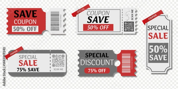 Obraz A set of coupons in gray, white, and red colors with no backgrounds. Illustration
