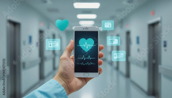 Fototapeta A healthcare professional in scrubs holds a smartphone displaying medical data in a brightly lit hospital corridor.
