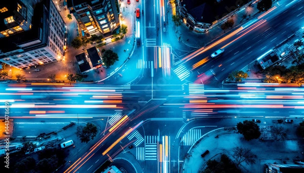Fototapeta Nighttime city intersection with light trails from vehicles and illuminated buildings